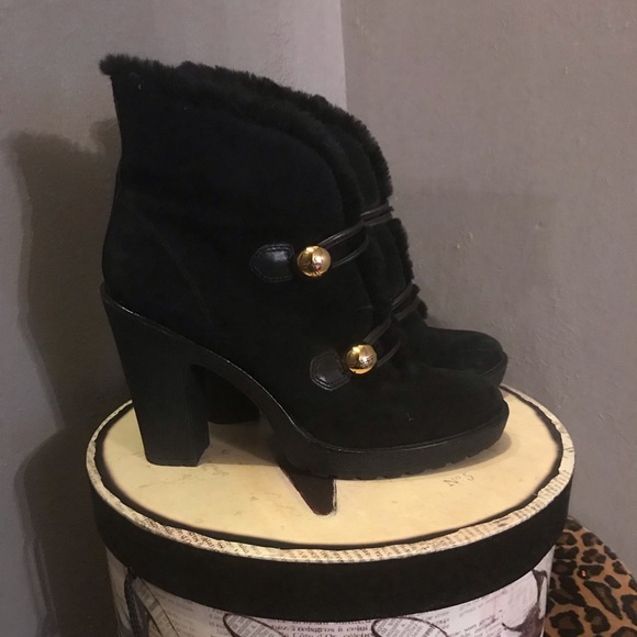 Coach Black Fur and Suede Gold Button Ankle Boots - Picture 2 of 8